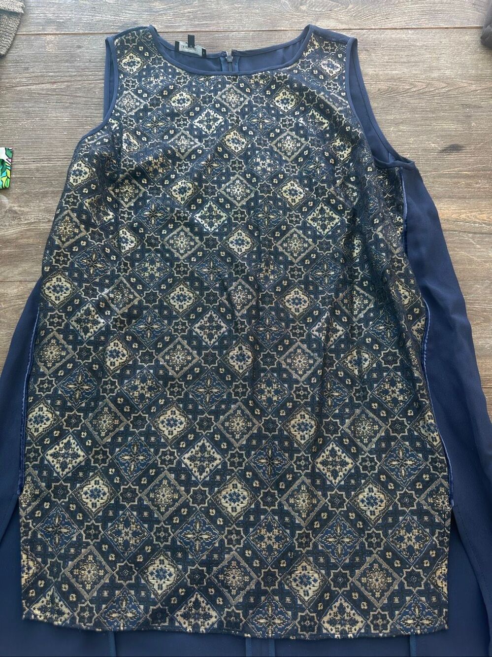Lafayette 148 New York Navy Lace Overlay Sleeveless Silk Trim Tunic Top L